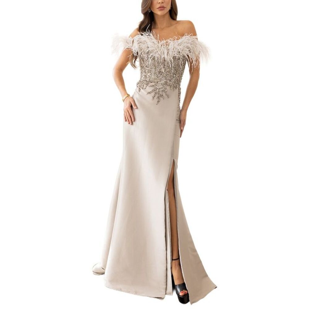 Terani Couture Feather Off-Shoulder Beaded Maxi Gown in Champagne